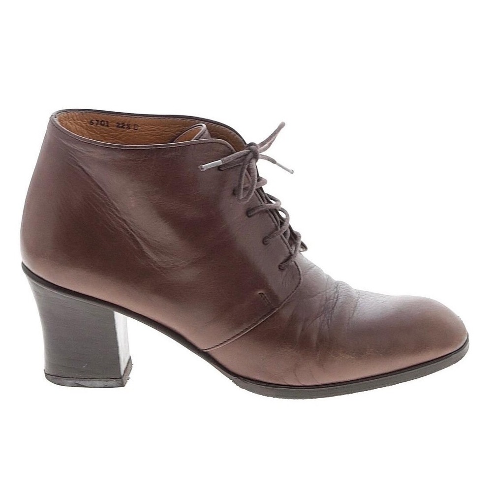 Vintage Brown Leather Lace Up Ankle Boots Block Heel Narrow Dark Academia 5.5